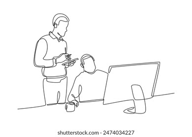 Simple continuous line drawing of two people are looking at the screen recording the results of their work. Work minimalist concept. Work environment activity. Work analysis icon.