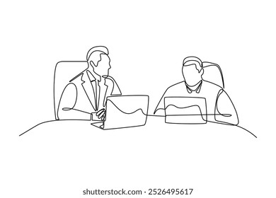 Dibujo de línea continuo simple de dos hombres de negocios discusión en la conferencia. Concepto minimalista de conferencia. Concepto minimalista de negocio. Línea simple, Vector.