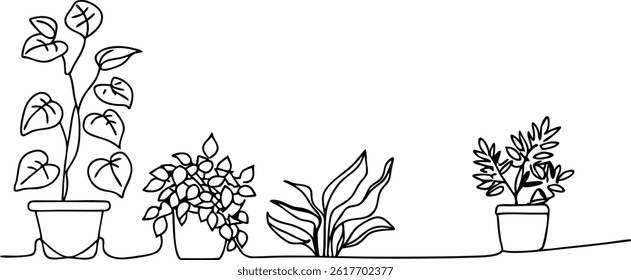 Simple Continuous Line Drawing Of Various Potted Plants Indoor Decoration Element