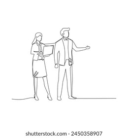  Simple continuous line drawing vector illustration businessman and businesswoman having a business discussion. Effective communication in business concept.