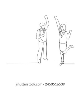 Simple continuous line drawing vector illustration successful businessman and businesswoman cheering up. Effective communication in business concept.
