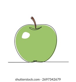 Simples desenho de linha contínua de uma maçã verde vibrante com um tronco marrom, uma ilustração de fruta fresca e saudável em um fundo branco limpo.