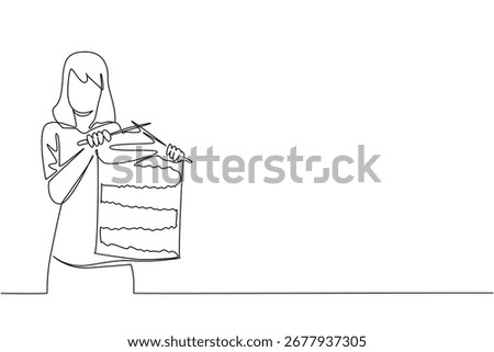 Simple continuous line drawing of a woman proudly holding a knitted fabric piece with needles, celebrating Worldwide Knit in Public Day, symbolizing creativity, craft, and shared passion.