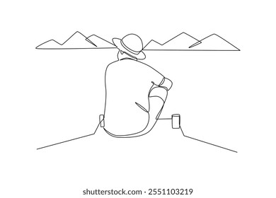 Dibujo de línea continuo simple del fin de semana del hombre joven vaya en una excursión al lago. Hobby concepto minimalista, actividad de fin de semana.