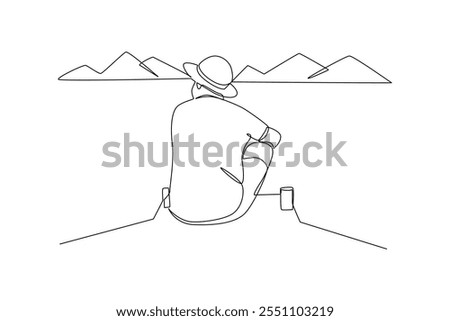Simple continuous line drawing of youn man weekend go on an excursion to the lake. Hobby minimalist concept, weekend activity.