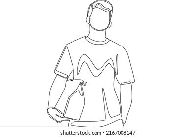 Simple continuous line drawing Young man holding paper bag food. Take away and service concept. Continuous line draw design graphic vector illustration.