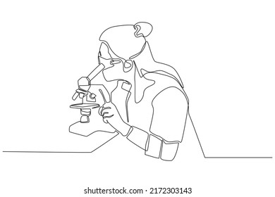 Simple continuous line drawing young woman seeing through microscope in science laboratory. Subjects concept in school and university. Continuous line draw design graphic vector illustration.