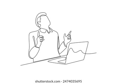 Simple continuous line drawing of young man very happy with his job. Work minimalist concept. Work environment activity. Work analysis icon.