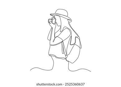 Simple continuous line drawing of young girl takes a photo at nature. Simple continuous line, simple line.