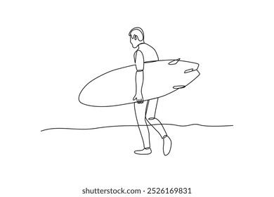 simple continuous line drawing of a young man enjoys a weekend holiday by surfing. Holiday minimalist concept. Sea holiday, diving, simple line, vector.