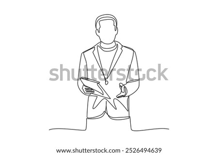 simple continuous line drawing of young business man presentation in front of conference. Conference minimalist concept. Business minimalist concept. Simple line, vector.