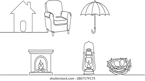 Simple continuous line drawings of a house an armchair an umbrella a fireplace a lantern and a birds nest