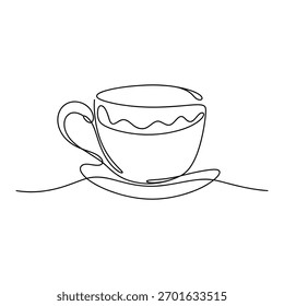 Una línea continua simple dibuja una taza de café en un platillo maravillosamente con un solo trazo minimalista y elegante sobre un fondo blanco.