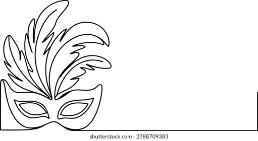 Simple continuous line of a feathered masquerade mask on the left side of a white background with ample copy space