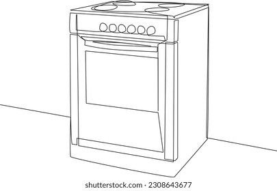 Simple continuous line of household appliances, stove with oven.