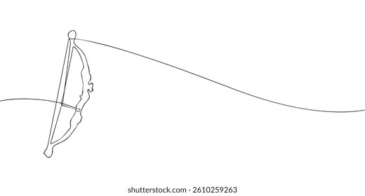 Simple continuous line illustration of a drawn bow, symbolizing archery, precision, and focus in minimalist style.
