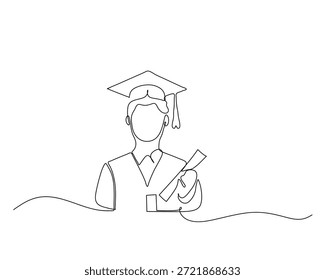 ilustração de linha contínua simples de um graduado usando boné e vestido segurando um diploma, simbolizando a realização acadêmica, sucesso, motivação e celebração de marcos de graduação em um estilo artístico moderno