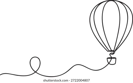 Ilustração simples em linha contínua de balão de ar quente flutuando acima do solo conectado por um conceito de corda de fluxo longo para viagem aventura liberdade exploração jornada vetor arte