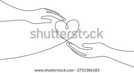 Simple continuous line illustration of two hands holding a heart, representing love, compassion, and shared emotional connection.