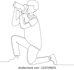 Simple continuous line, Photographer take a picture with classic camera. Scenes from the Studio. Vector illustration.
