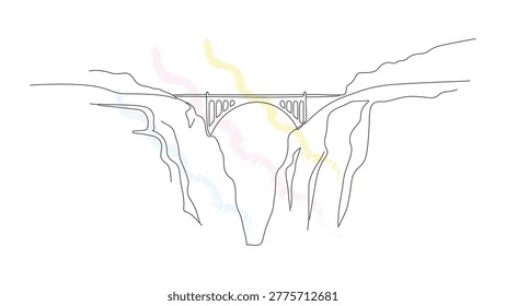 Simple continuous line sketch of a bridge spanning across deep canyon terrain with soft decorative watercolor style brush strokes.