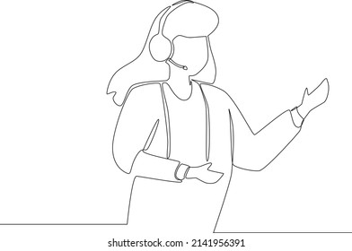 Simple continuous line,  woman call center working use headset in office. Vector illustration.