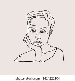 Simple continuous line woman portrait in trendy minimalism graphic style. Beauty abstract face, linear logo. Fashion vector illustration. 