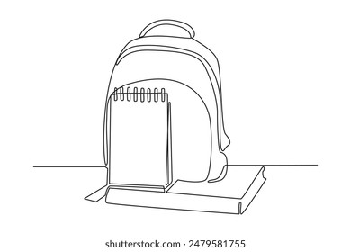 Dibujo simple continuo de una línea de equipo escolar, bolsas y libros. Concepto minimalista de equipamiento escolar. Simple Ilustración vectorial. Escuela.