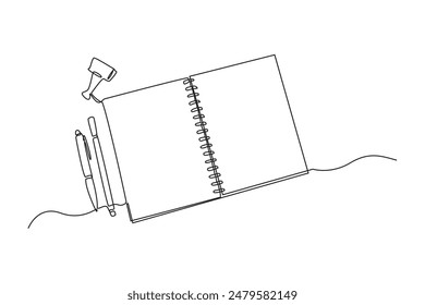 Simple continuous one line drawing of school supplies books, pens, pencils and paper clips. School equipment minimalist concept. Simple vector illustration. School.