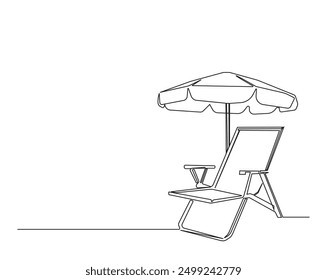 Simple dibujo continuo de una línea de la cama solar. Sombrilla de playa y silla para vacaciones de verano, concepto de vacaciones. Vector de línea editable