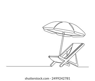 Simple continuous one line drawing of sunbed. Beach umbrella and chair for summer holiday , vacation concept. Editable line vector