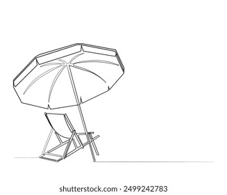 Simple continuous one line drawing of sunbed. Beach umbrella and chair for summer holiday , vacation concept. Editable line vector