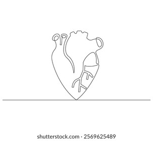 Simple continuous one line drawing of human heart. Single line drawing illustration of heart. Anatomical concept vector art. Doodle line illustration.