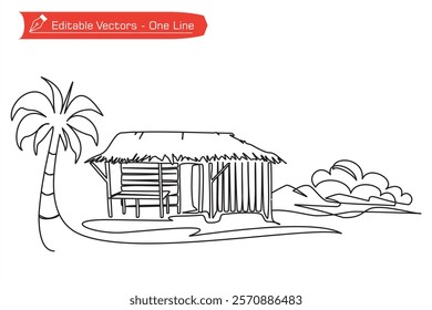 Simple continuous one line drawing of coastal hut house with coconut tree, mountain and cloud ornament. Vector illustration of one line drawing of beauty in nature hut house on the coast of Indonesia.