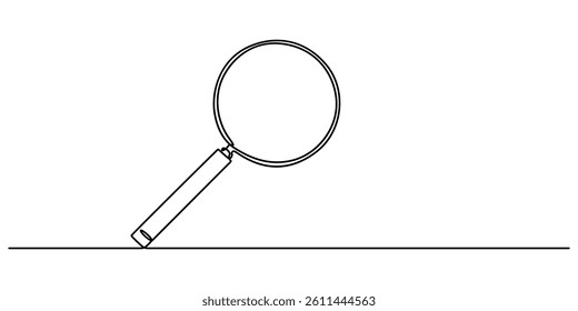 Simple continuous one line drawing of magnifying glass. Loupe or Magnifying glass in simple outline illustration. Editable line vector, One continuous line illustration Magnifying glass search symbol.