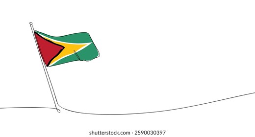 A simple continuous one-line digital drawing of the Guyana national flag, featuring green, red, yellow, black, and white colors on a white background.
