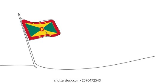 A simple continuous one-line digital drawing of the Grenada national flag, featuring red, yellow, green, and stars on a white background.
