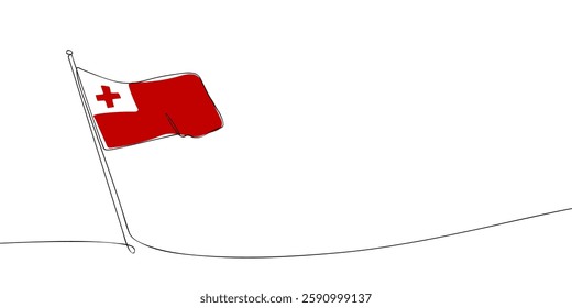 A simple continuous one-line digital drawing of the Tonga national flag, featuring a red background with a white square and a red cross.

