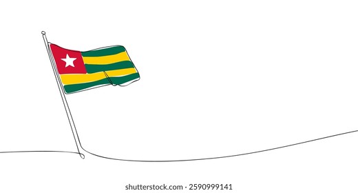A simple continuous one-line digital drawing of the Togo national flag, featuring green and yellow stripes with a red square and white star.
