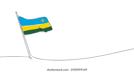 A simple continuous one-line digital drawing of the Rwanda national flag, featuring blue, yellow, and green stripes with a sun emblem.
