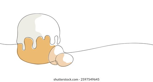 A simple continuous one-line drawing of a cake with dripping icing and eggs, representing baking ingredients in a minimalist, modern style. Easter cake.
