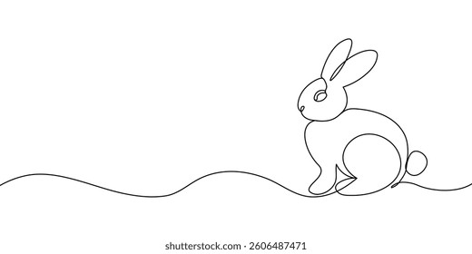 A simple continuous one-line drawing of a rabbit on a white background, showcasing minimalist and modern art style for design use. Easter bunny in one line icon. Vector illustration