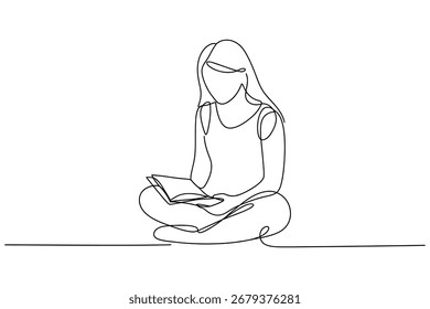 Simple continuous outline of female student reading education concept