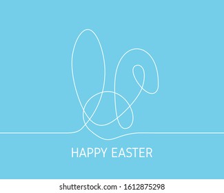 Simple continuous white line drawing Easter bunny on blue background. Minimalist Easter day concept background.