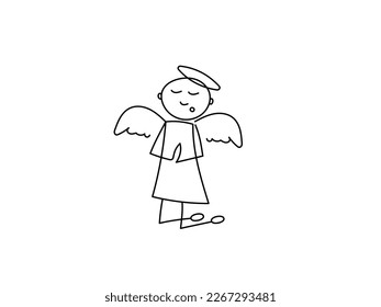 A simple contour angel man and halo   wings kneels   prays 	Vector hand drawn linear illustration 