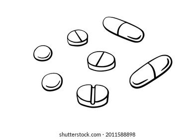 Simple contour doodle medicine pills, tablet, capsule isolated on white background. Vector EPS10 illustration. Health and care. Design for clinics, hospitals, pharmacies, medical poster