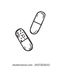 Simple contour doodle medicine pills, tablet, capsule isolated on white background. Vector EPS10 illustration. Health and care.