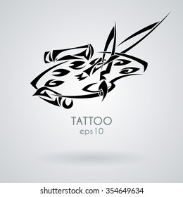 Simple contour image of palette with paints and brushes. Vector illustration. Tribal tattoo style.