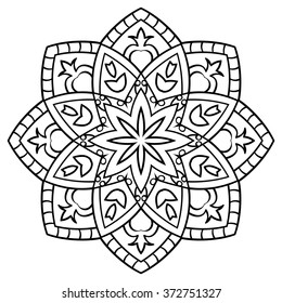 Simple contour mandala on a white background. Round oriental ornament. Floral design element. Sketch of tattoo. Vector pattern for any surface. Mandala for coloring book