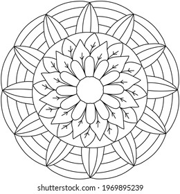 Simple contour mandala in the shape of a flower, coloring page for toddlers on a plant theme vector illustration
